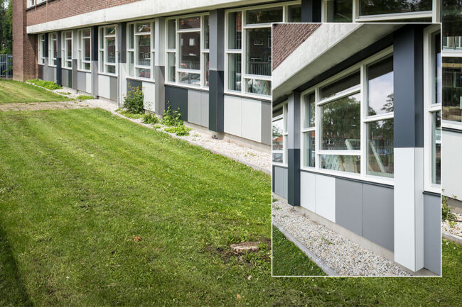 Schoolgebouw met UniKern® biobased gevelbekleding in vier grijstinten